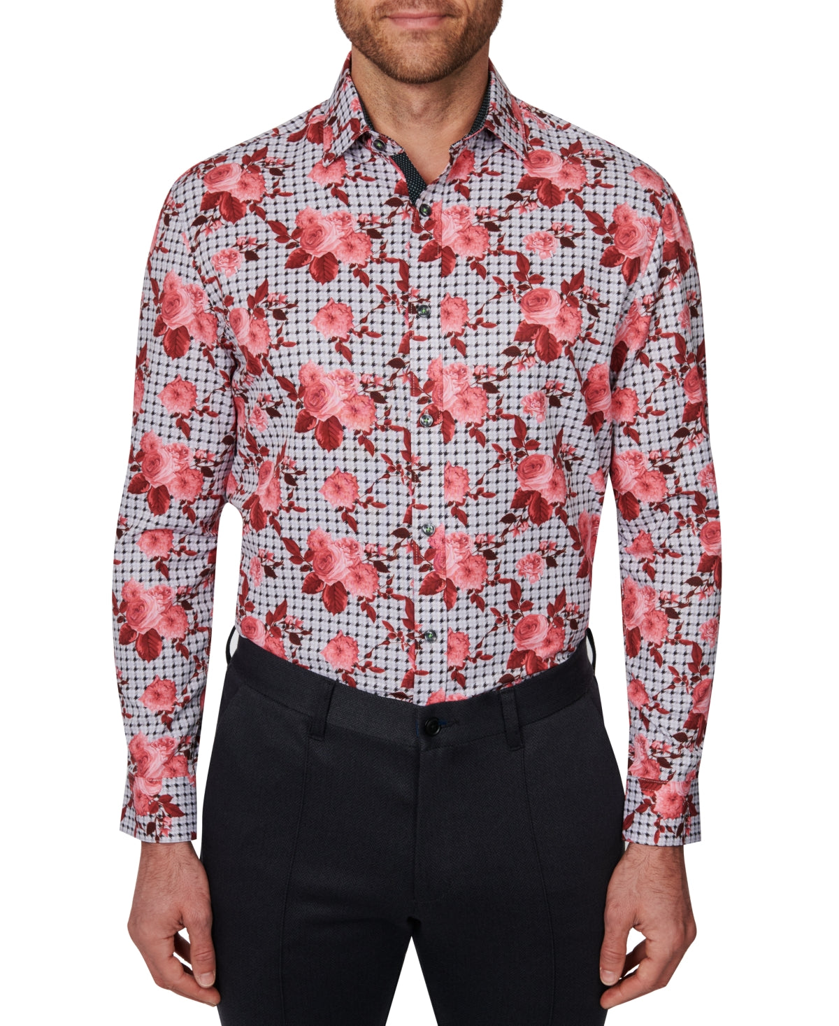 Society Of Threads Men's Slim Fit Floral Performance Dress Shirt Gray Size XX-Large