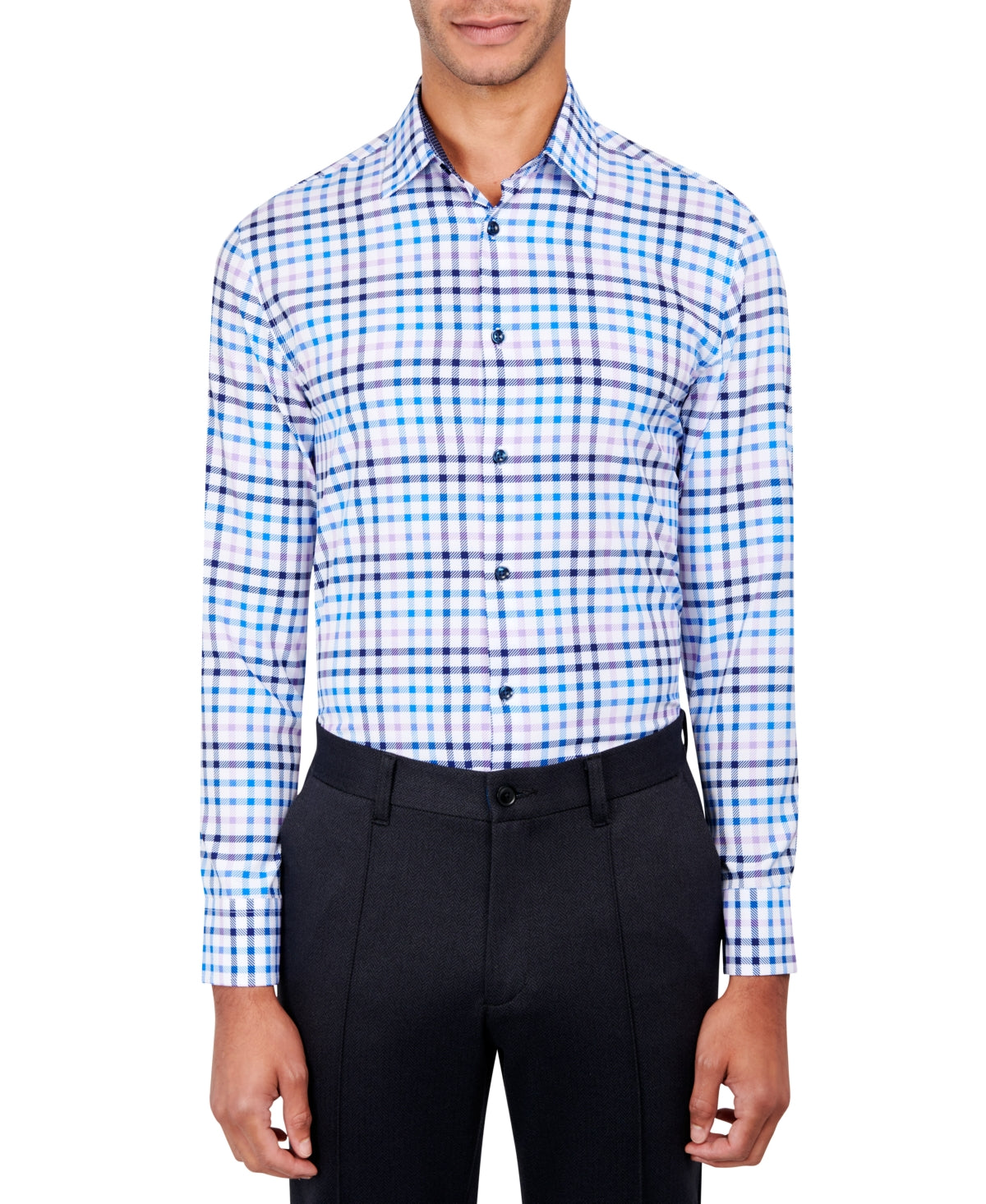 Construct Men's Slim Fit Plaid Performance Dress Shirt White Size Medium