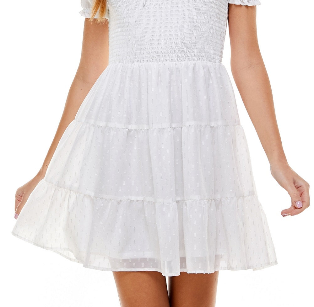 Crystal Doll Junior's Clip Dot Smocked Dress White Size Medium