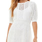 Crystal Doll Women's Ribbed Lace Lined Pouf Sleeve Jewel Neck Short Dress White Size Medium