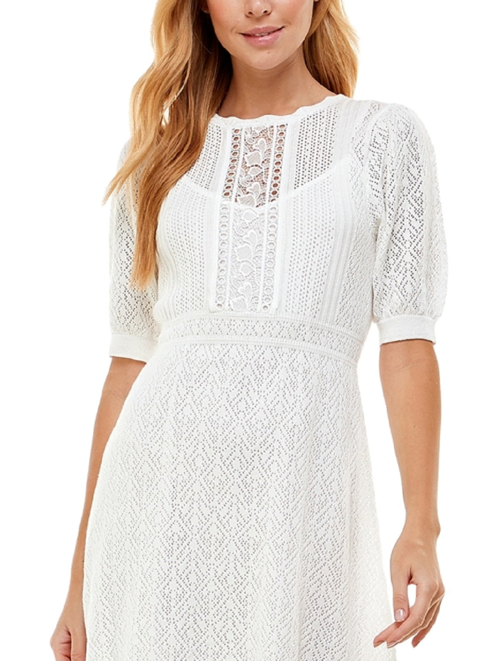 Crystal Doll Women's Ribbed Lace Lined Pouf Sleeve Jewel Neck Short Dress White Size Medium