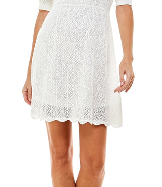 Crystal Doll Women's Ribbed Lace Lined Pouf Sleeve Jewel Neck Short Dress White Size Medium