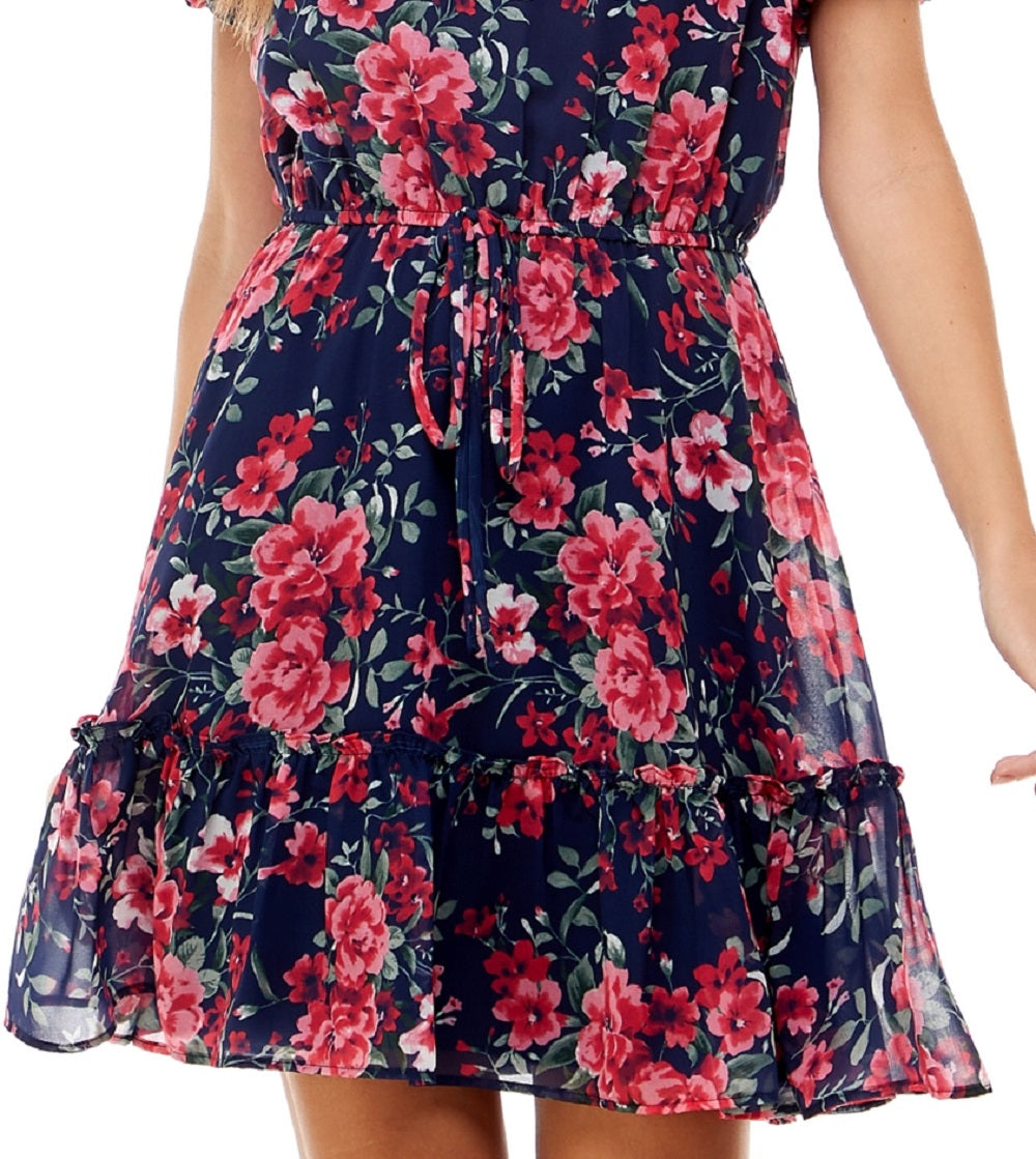 Crystal Doll Junior's Floral Print Fit & Flare Dress Blue Size XX-Large