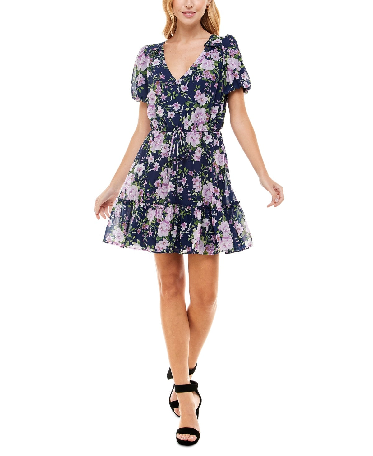 Crystal Doll Junior's Floral Print Fit & Flare Dress Blue Size Small