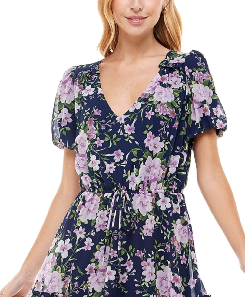 Crystal Doll Junior's Floral Print Fit & Flare Dress Blue Size Small