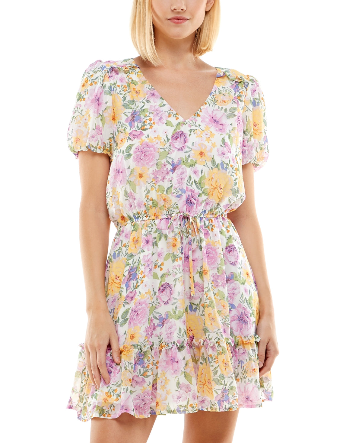 Crystal Doll Junior's Floral Print Mini Dress White Size X-Small