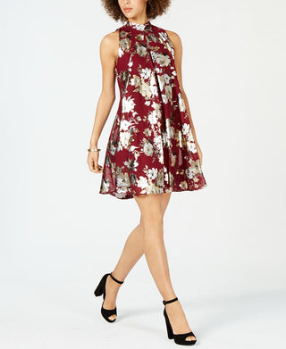 Robbie Bee Women's Floral Metallic Printed Sleeveless Mini Trapeze Dress Red Size 6 Petite