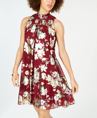 Robbie Bee Women's Floral Metallic Printed Sleeveless Mini Trapeze Dress Red Size 6 Petite