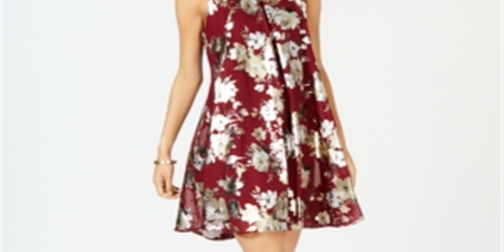 Robbie Bee Women's Floral Metallic Printed Mock Neck Dress Red Size 12 Petite