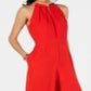 Donna Ricco Women's Halter Chain Neck Keyhole Front Sleeveless Zipper Back Pockets Solid Crepe Jumpsuit Red Size 4