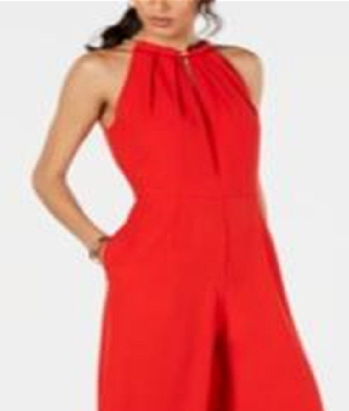 Donna Ricco Women's Halter Chain Neck Keyhole Front Sleeveless Zipper Back Pockets Solid Crepe Jumpsuit Red Size 4