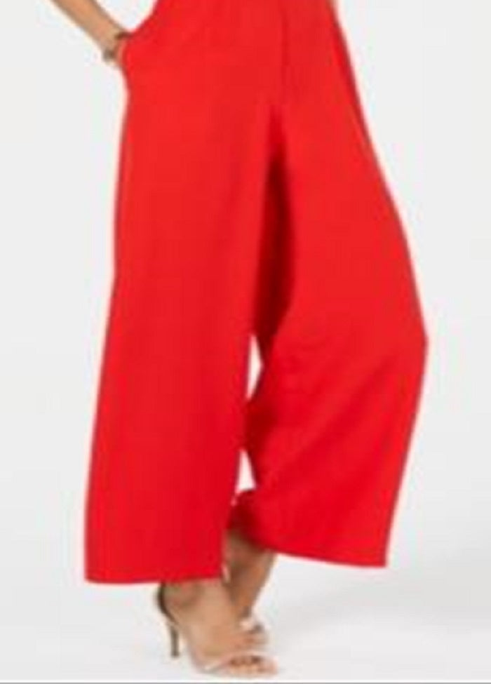 Donna Ricco Women's Halter Chain Neck Keyhole Front Sleeveless Zipper Back Pockets Solid Crepe Jumpsuit Red Size 4