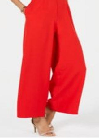 Donna Ricco Women's Halter Chain Neck Keyhole Front Sleeveless Zipper Back Pockets Solid Crepe Jumpsuit Red Size 4