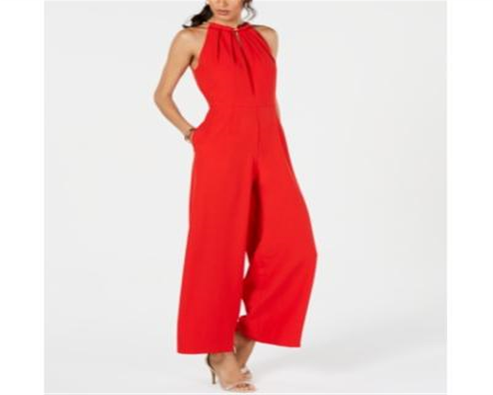 Donna Ricco Women's Halter Chain Neck Keyhole Front Sleeveless Zipper Back Pockets Solid Crepe Jumpsuit Red Size 4