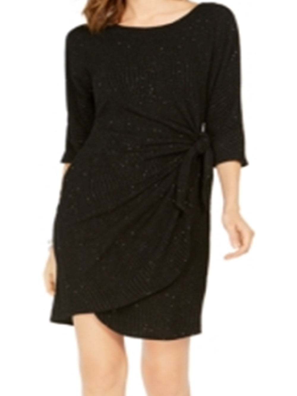Signature by Robbi Bee Women's Glitter 3/4 Sleeve Jewel Neck Above The Knee Cocktail Sheath Dress Black Size Petite Large