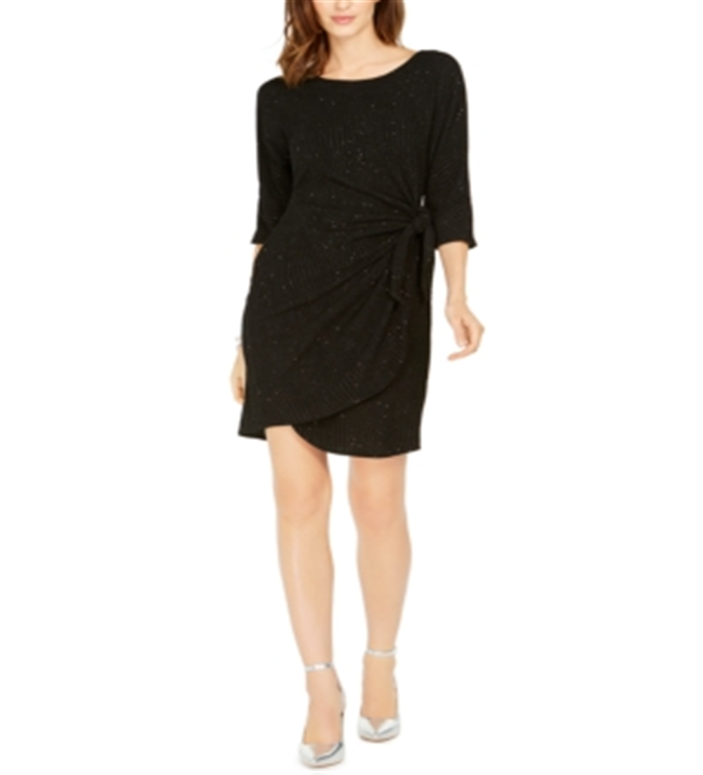 Signature by Robbi Bee Women's Glitter 3/4 Sleeve Jewel Neck Above The Knee Cocktail Sheath Dress Black Size Petite Large