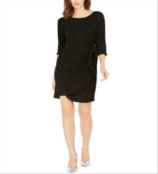 Signature by Robbi Bee Women's Glitter 3/4 Sleeve Jewel Neck Above The Knee Cocktail Sheath Dress Black Size Petite Large