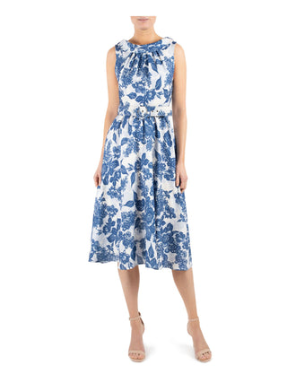 Donna Ricco Blue Floral Fit & Flare Dress, Belted, Size 14