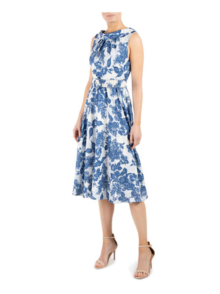 Donna Ricco Blue Floral Fit & Flare Dress, Belted, Size 14