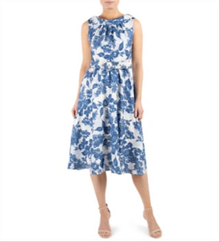 Donna Ricco Blue Floral Fit & Flare Dress, Belted, Size 14