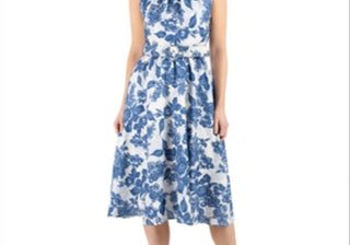 Donna Ricco Blue Floral Fit & Flare Dress, Belted, Size 14