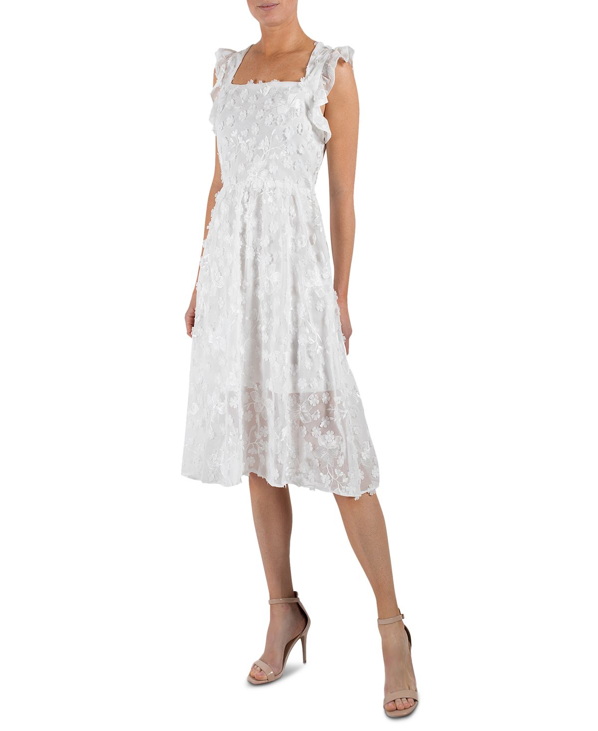 Julia Jordan Women's Zippered Ruffled Embroidered Flutter Sleeve Square Neck Dress White Size 12