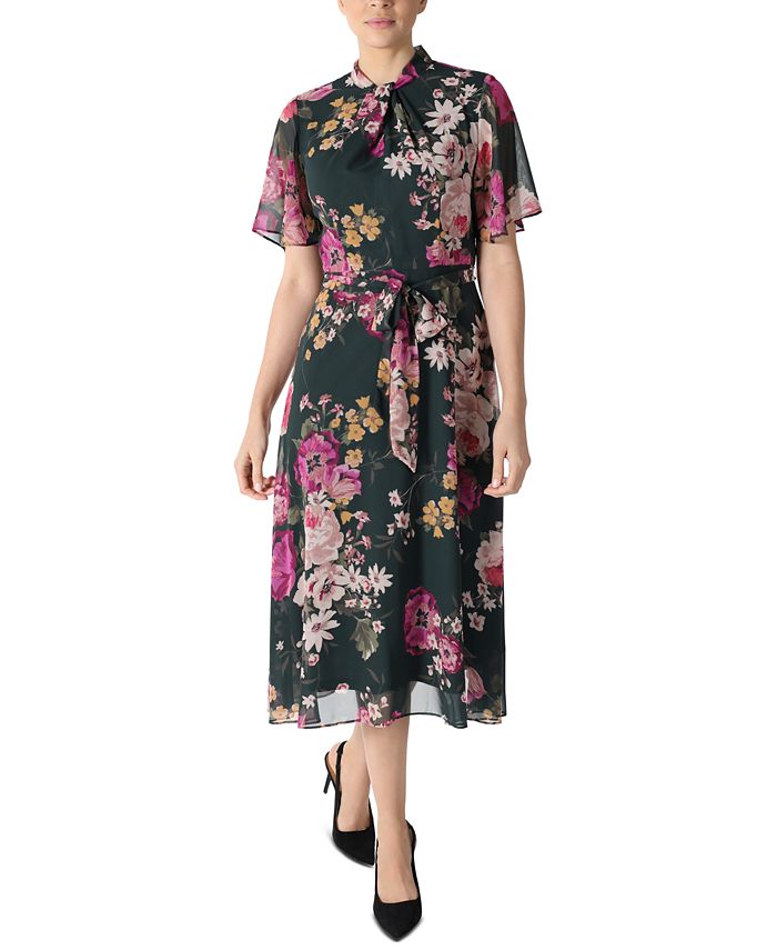 Donna Ricco Women's Floral Flutter Sleeve Chiffon Midi Dress Blue Size 6