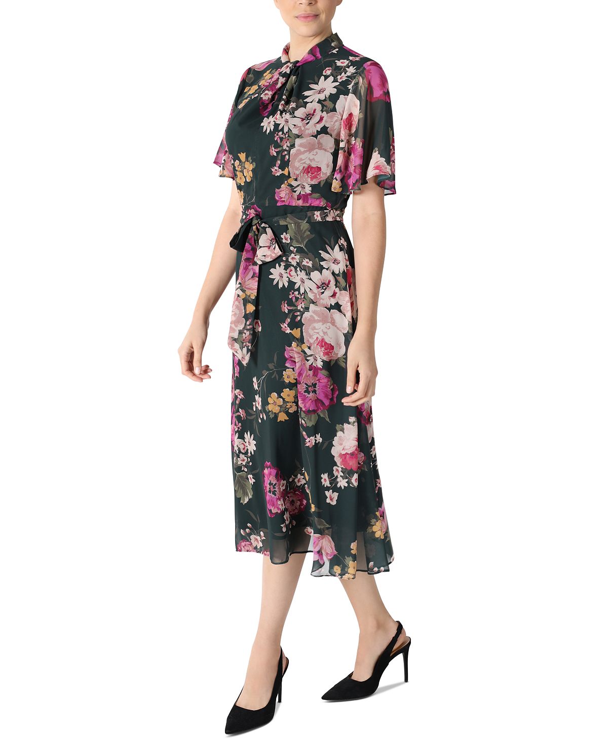 Donna Ricco Women's Floral Flutter Sleeve Chiffon Midi Dress Blue Size 6