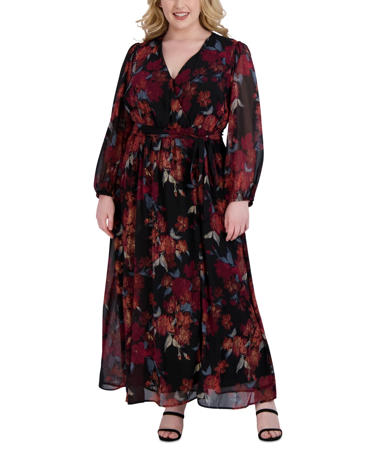 Robbie Bee Women's Floral Chiffon Maxi Dress Black Size 14W