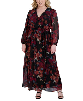 Robbie Bee Women's Floral Chiffon Maxi Dress Black Size 14W