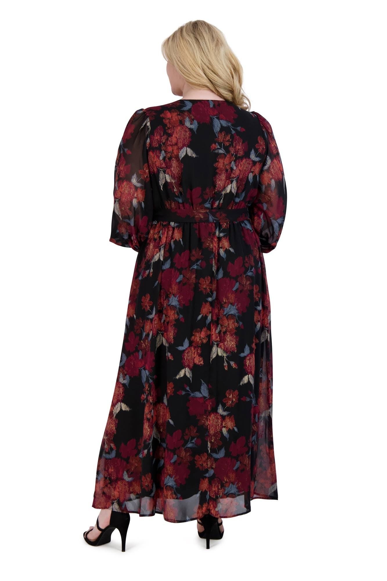 Robbie Bee Women's Floral Chiffon Maxi Dress Black Size 14W