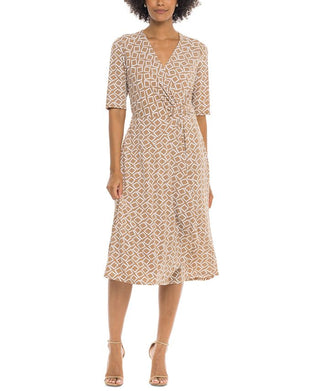 Robbie Bee Women's Printed Faux Wrap Dress Brown Size Large