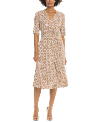 Robbie Bee Women's Printed Faux Wrap Dress Brown Size Large