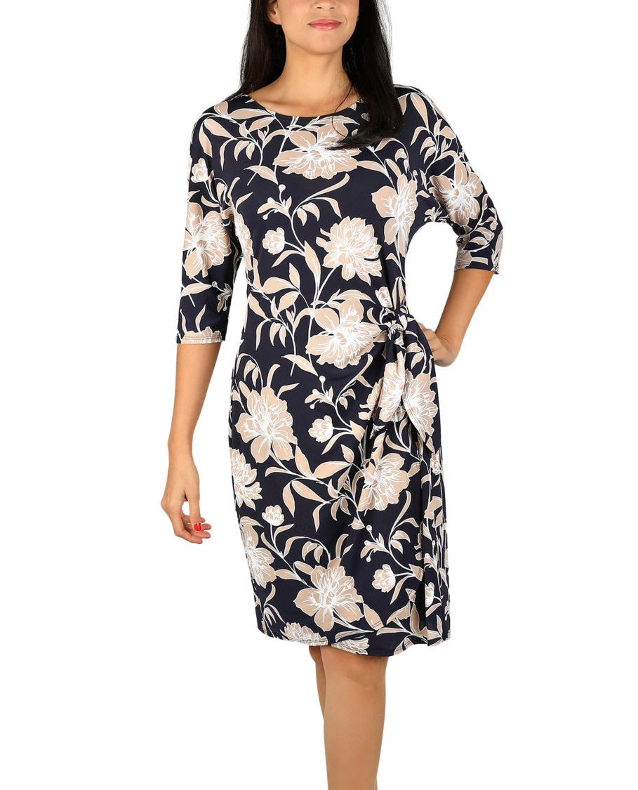 Robbie Bee Women's Floral Print Side Knot Dress Blue Size Petite Large