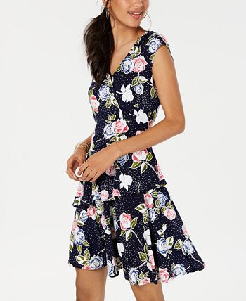Robbie Bee Women's Triple Ruffle Fit & Flare Dress Blue Size Petite Medium