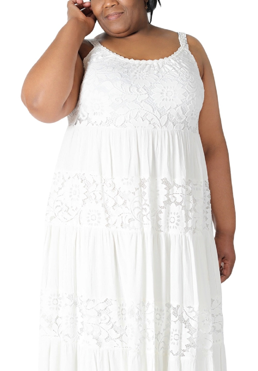Robbie Bee Women's Sleeveless Tiered Lace Maxi Dress White Size 1X
