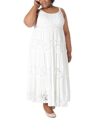 Robbie Bee Women's Sleeveless Tiered Lace Maxi Dress White Size 3X
