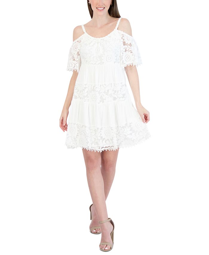 Robbie Bee Women's Cold Shoulder Gauze Lace Shift Dress White Size Petite Large
