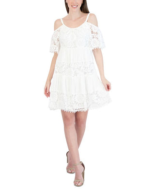 Robbie Bee Women's Cold Shoulder Gauze Lace Shift Dress White Size Petite Large