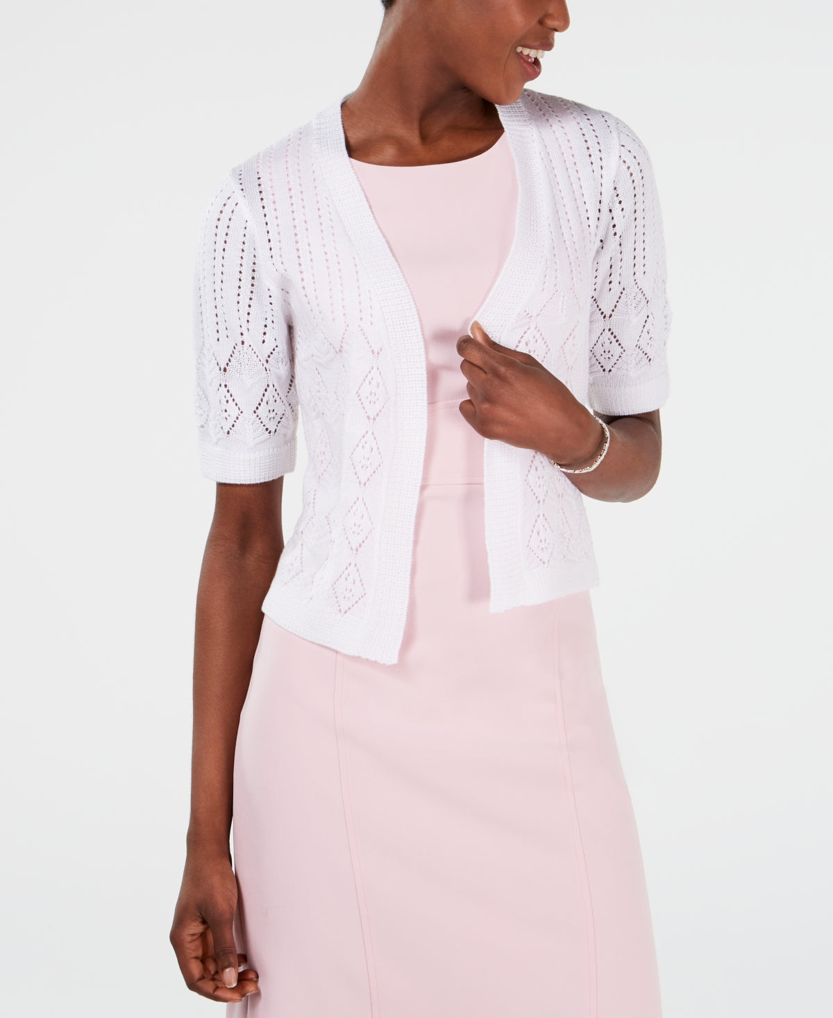 Robbie Bee Women's Short Sleeve Crocheted Shrug White Size Petite Medium