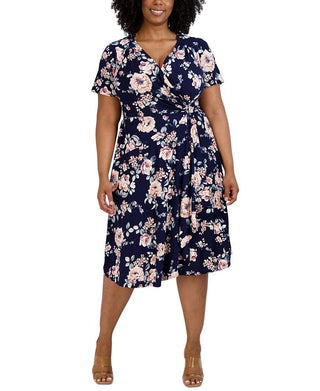 Robbie Bee Women's Floral Print Faux Wrap Dress Blue Size 2X