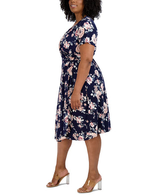 Robbie Bee Women's Floral Print Faux Wrap Dress Blue Size 2X