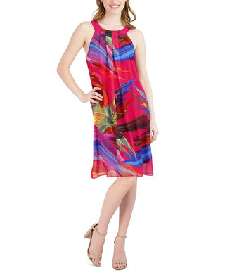 Robbie Bee Women's Printed Chiffon Pleat Neck Dress Pink Size Medium