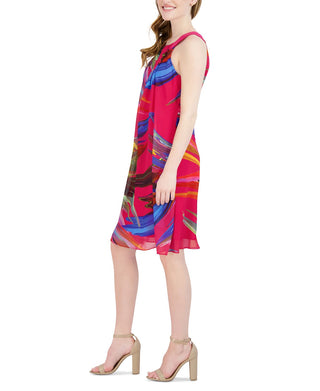 Robbie Bee Women's Printed Chiffon Pleat Neck Dress Pink Size Medium