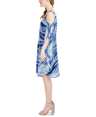 Robbie Bee Women's Cold Shoulder Short Kaftan Dress Blue Size 6Petite