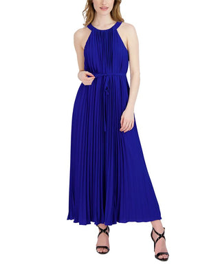 Donna Ricco Women's Pleated Belted Waist Maxi Dress Blue Size 14
