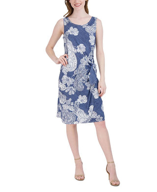 Robbie Bee Women's Paisley Print Side Tie Dress Blue Size Petite Small