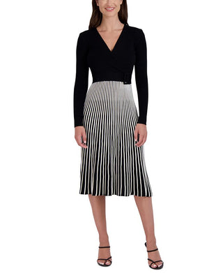 Robbie Bee Women's Two Tone Belted Sweater Dress Black Size Small