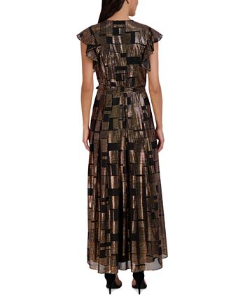 Donna Ricco Women's Metallic Flutter Sleeve Maxi Dress Black Size 14