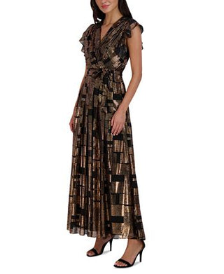 Donna Ricco Women's Metallic Flutter Sleeve Maxi Dress Black Size 14